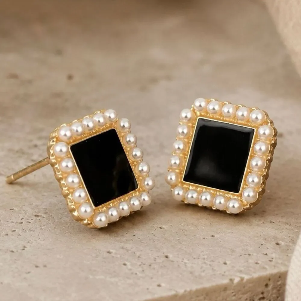Onyx Black Square Studs with Faux Pearl Border